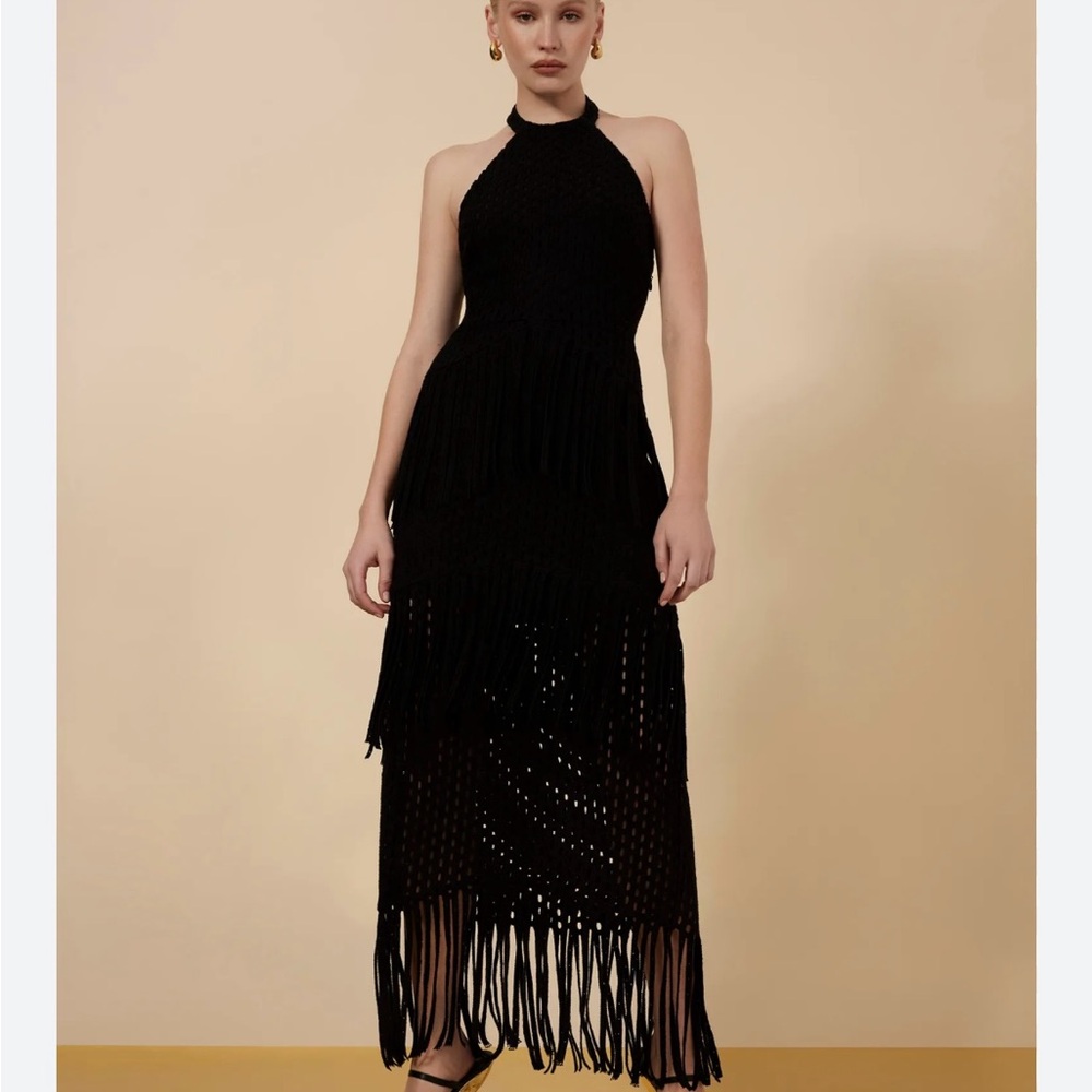 NWT BCBG Elegant Black Halter Crochet Dress with Fringe